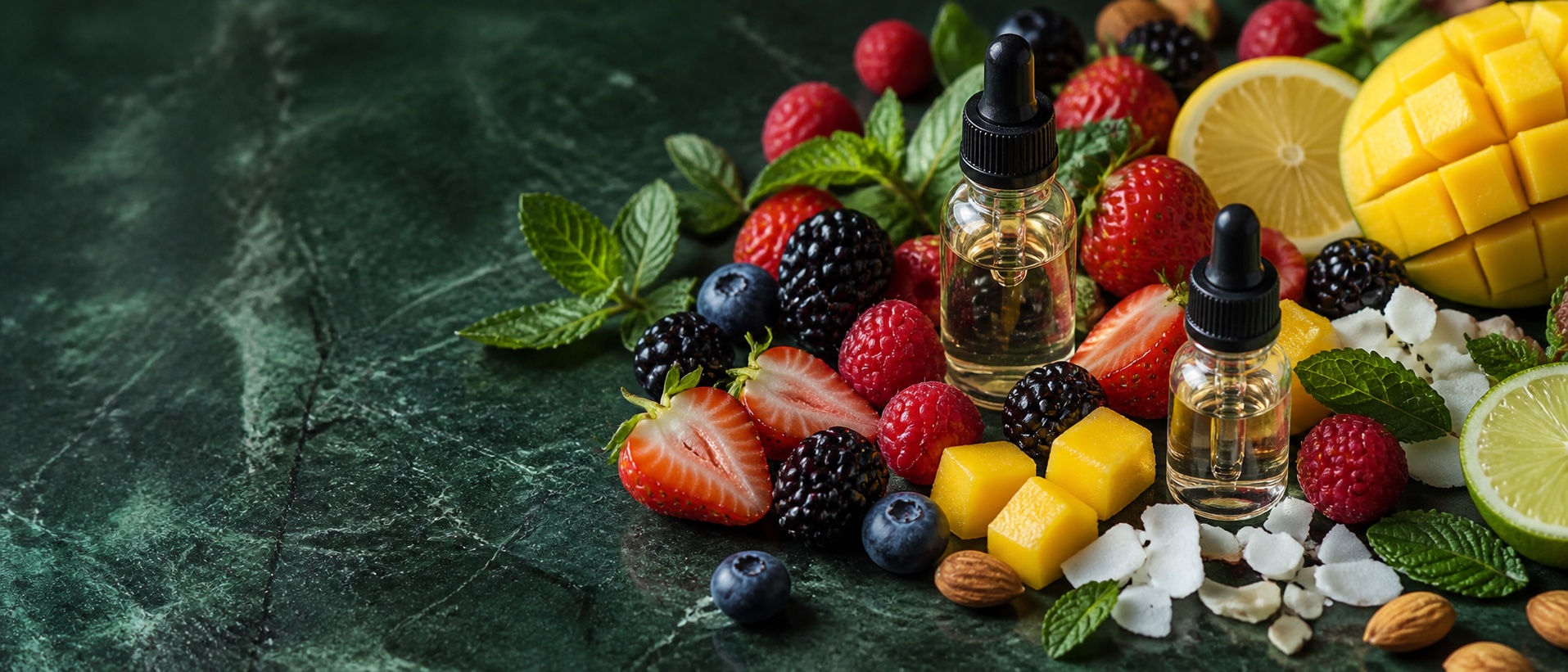 Liquid flavour sample bottles arranged with fruit, berries, mint, and other flavour ingredients
