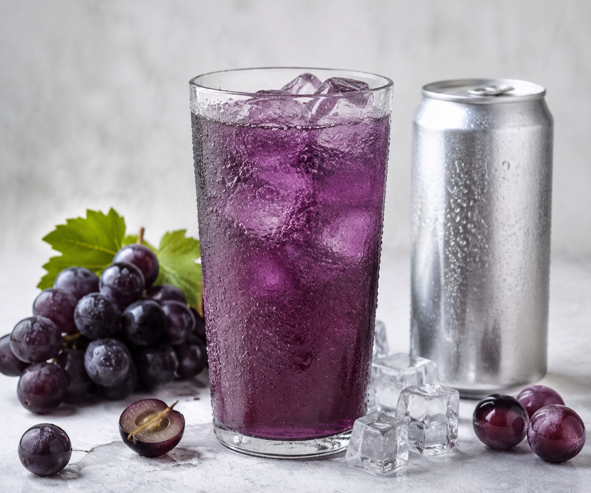 Purple grape energy drink with fresh grapes and a plain can for Grape Energy Drink flavour