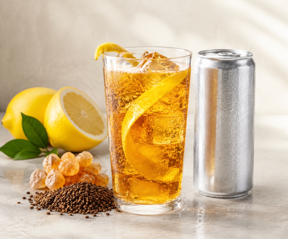 Amber unbranded energy drink with citrus and a plain can for Energy Cow 3001 flavour