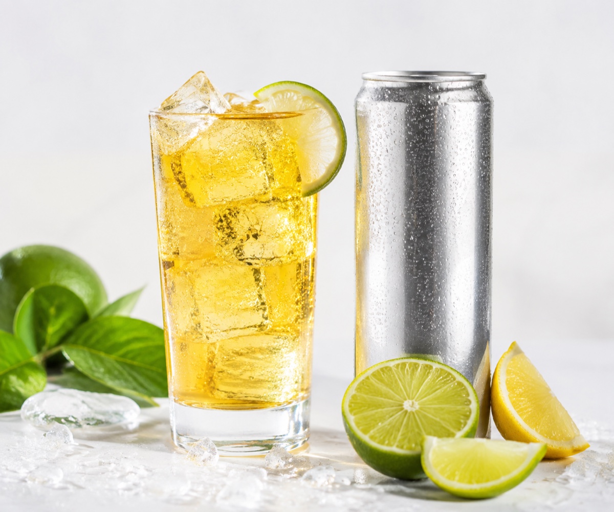 Golden unbranded energy drink with lime, lemon and a plain can for Energy Cow 3002 flavour