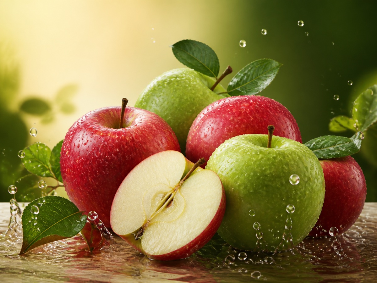 Red and green apples arranged as a double apple flavour reference