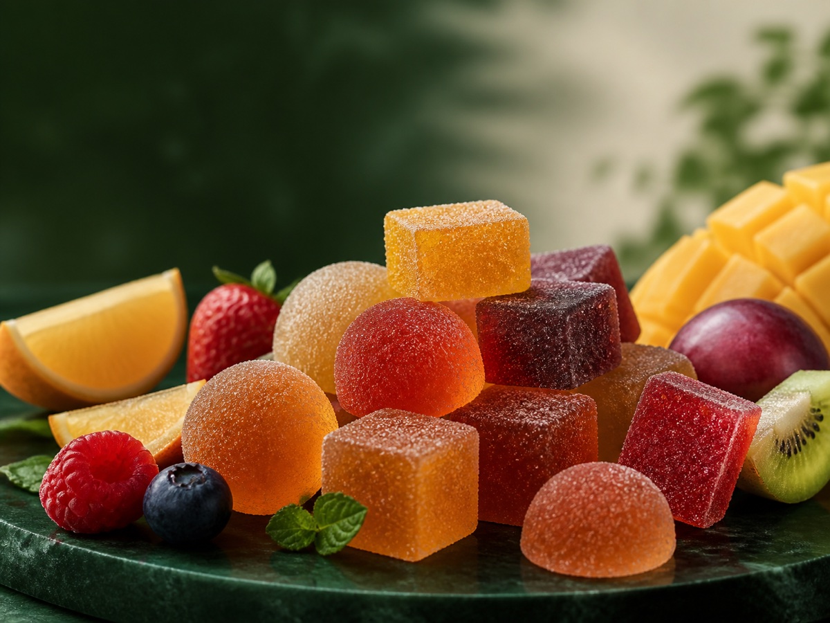 Colourful soft fruit jelly candies with a light sugar coating