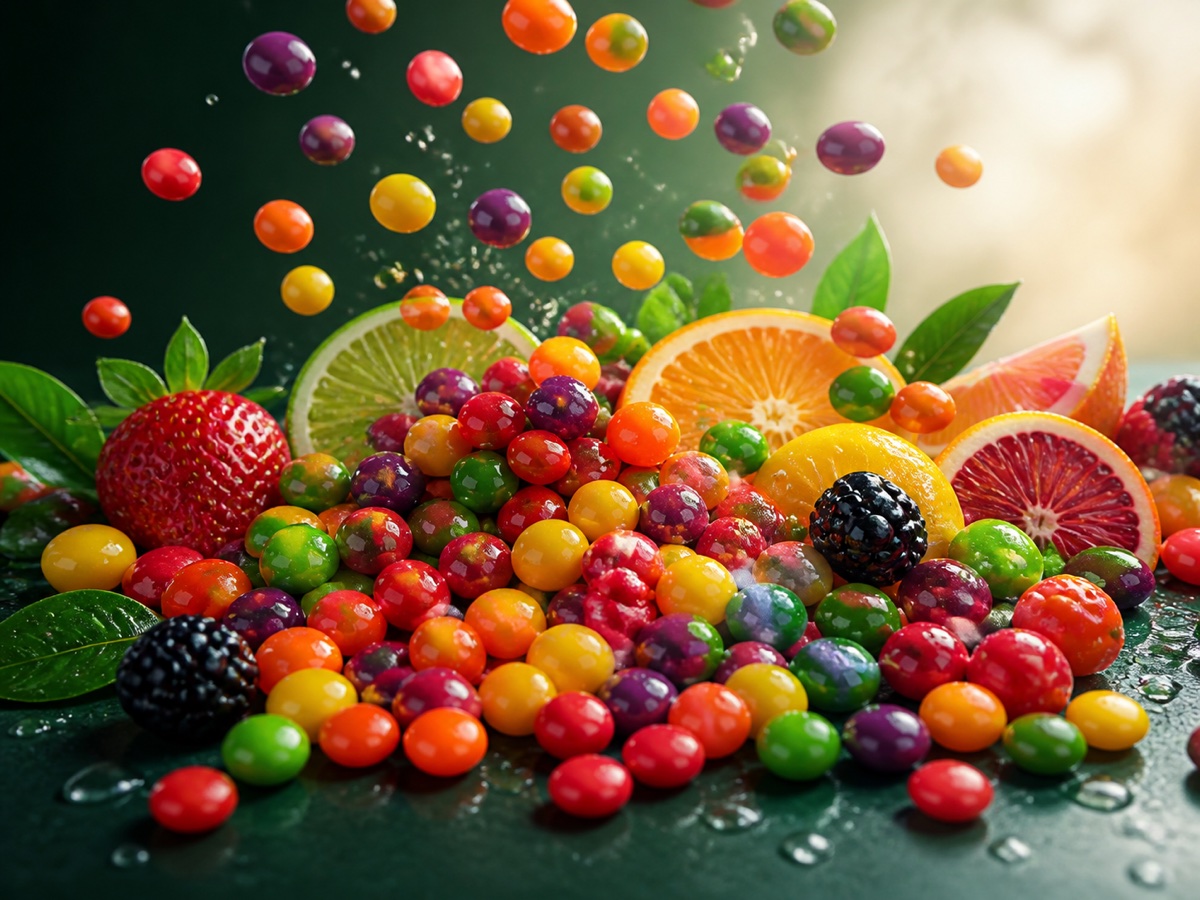 Rainbow fruit candies with fresh citrus and berry accents
