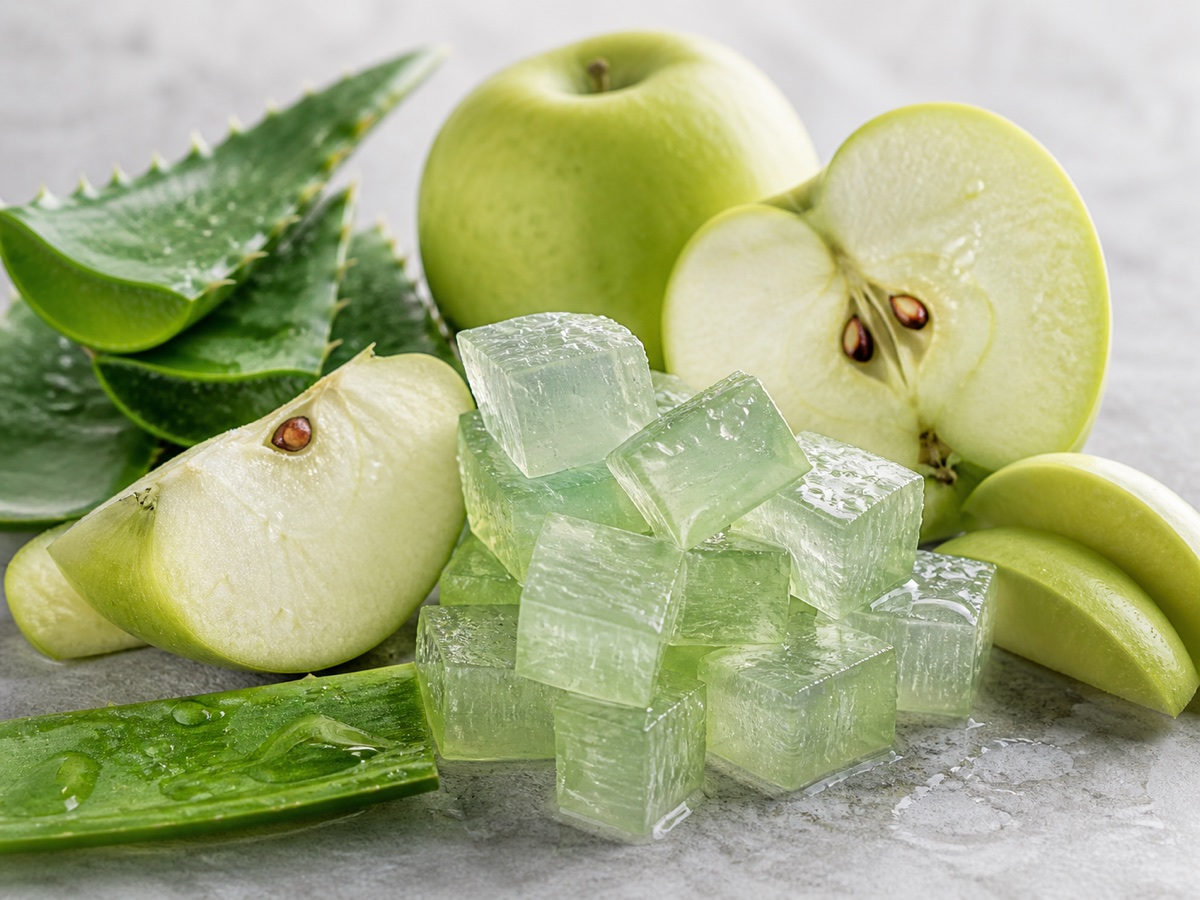 Green apples with fresh aloe vera leaves and translucent aloe cubes