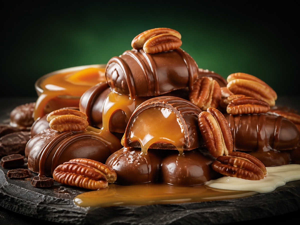 Turtle-style chocolate candies with caramel and toasted pecans