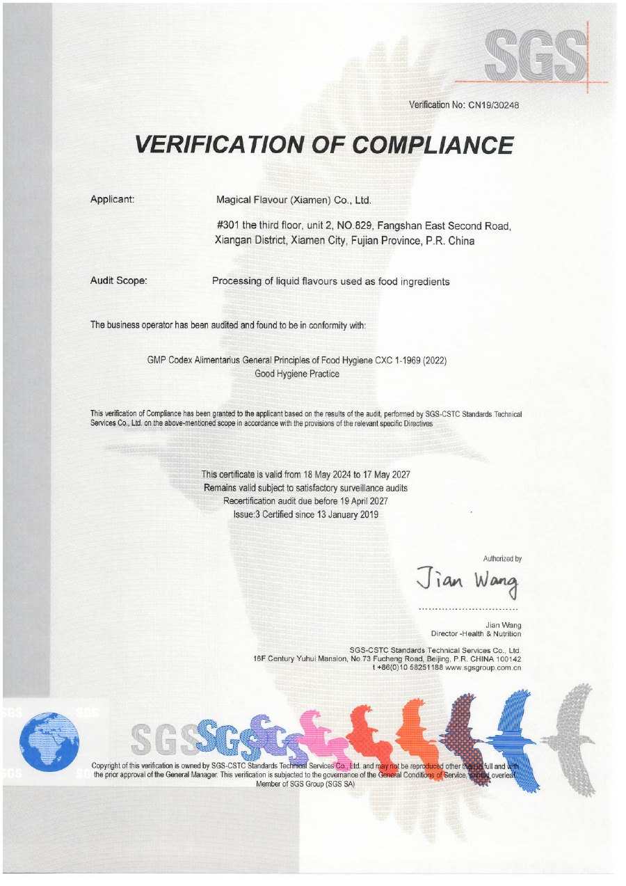 GMP and Good Hygiene Practice verification issued to Magical Flavour (Xiamen) Co., Ltd.