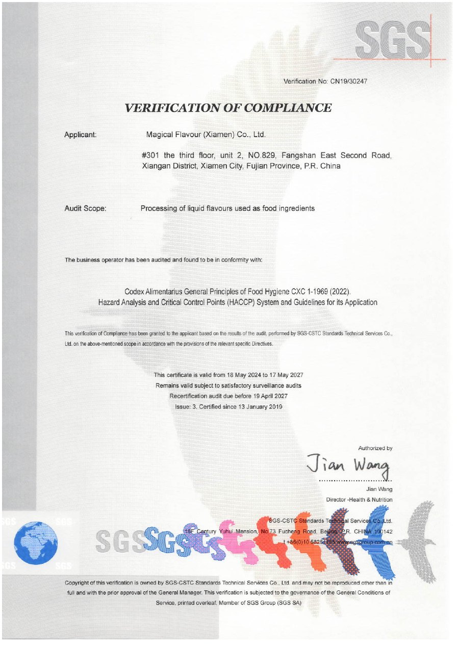 HACCP verification issued to Magical Flavour (Xiamen) Co., Ltd.