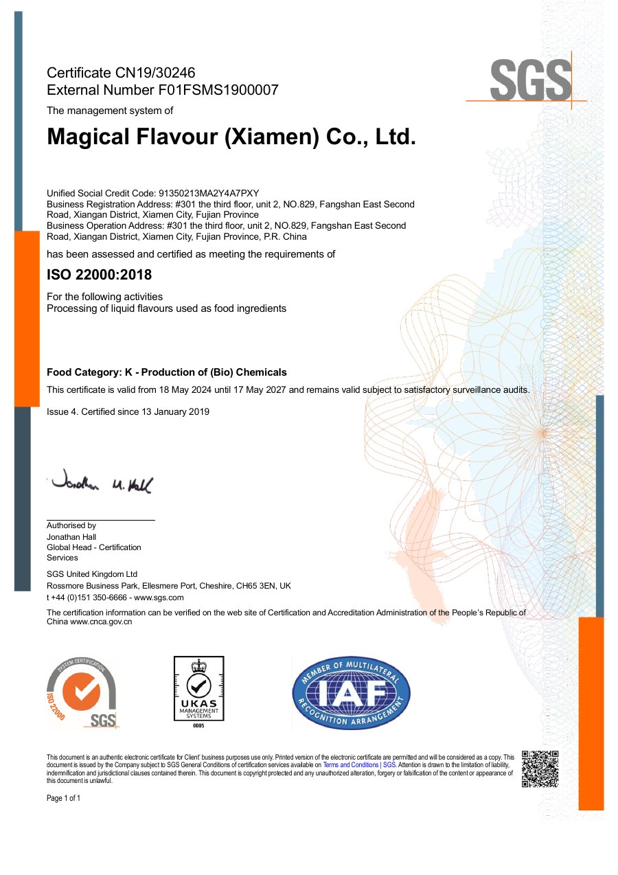 ISO 22000:2018 certificate issued to Magical Flavour (Xiamen) Co., Ltd.